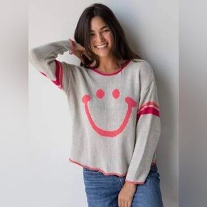 Natural Life Smiley Face Gray and Pink Cotton Blend Lightweight Sweater L/XL